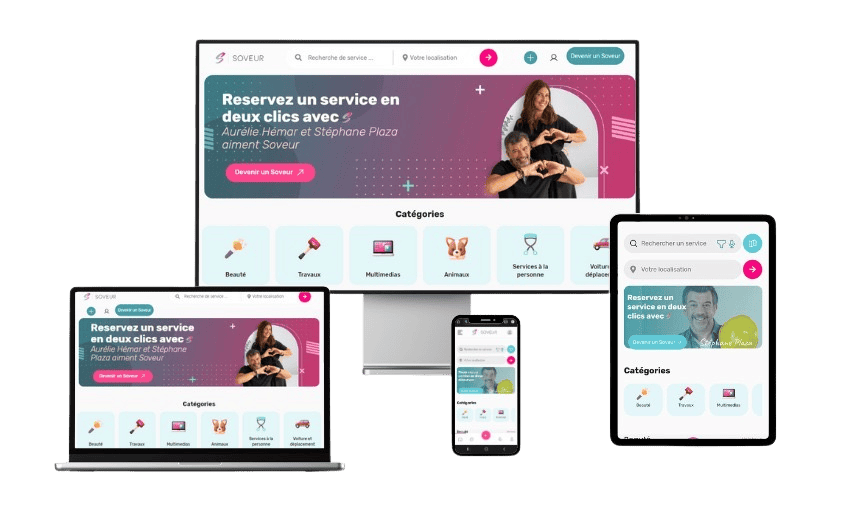 Interface de l'application Soveur sur tablette, ordinateur et smartphone pour aider les professionnels à trouver des clients facilement.