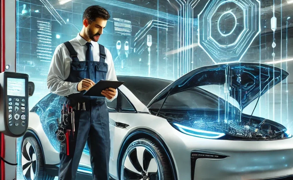 Un électricien automobile en 2025 diagnostiquant un véhicule électrique à l'aide d'une tablette dans un garage moderne et high-tech.