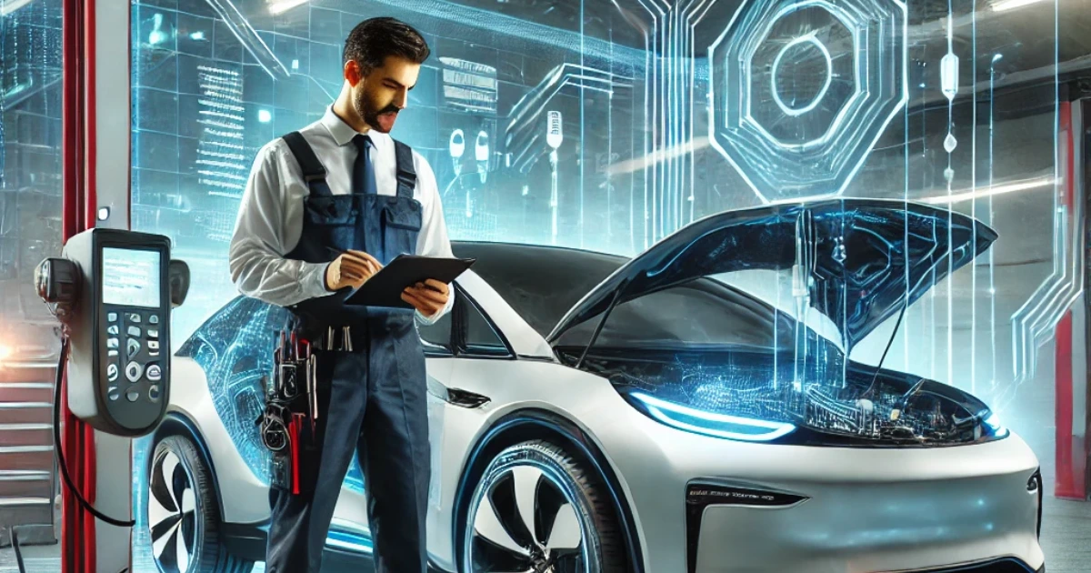 Un électricien automobile en 2025 diagnostiquant un véhicule électrique à l'aide d'une tablette dans un garage moderne et high-tech.