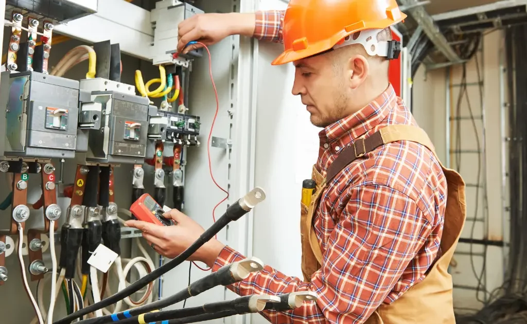 Électricien auto-entrepreneur travaillant sur un tableau électrique