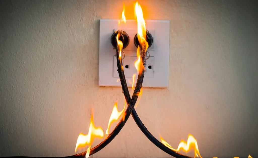 Prise électrique en feu – Danger d’une mauvaise installation non conforme à la norme NF C 15-100.