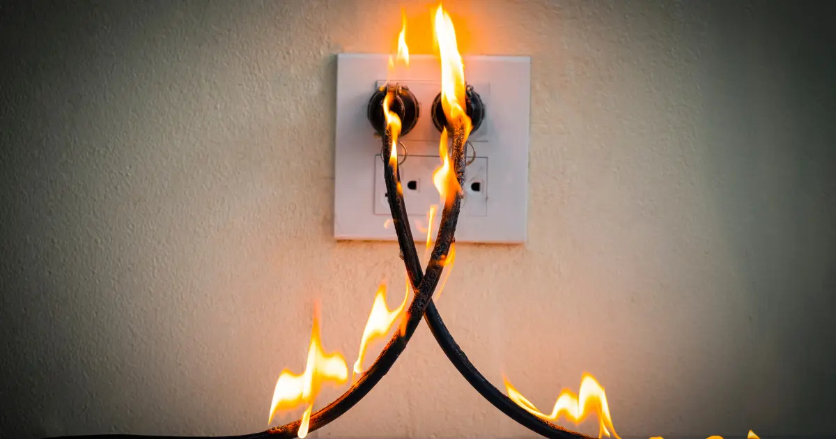Prise électrique en feu – Danger d’une mauvaise installation non conforme à la norme NF C 15-100.