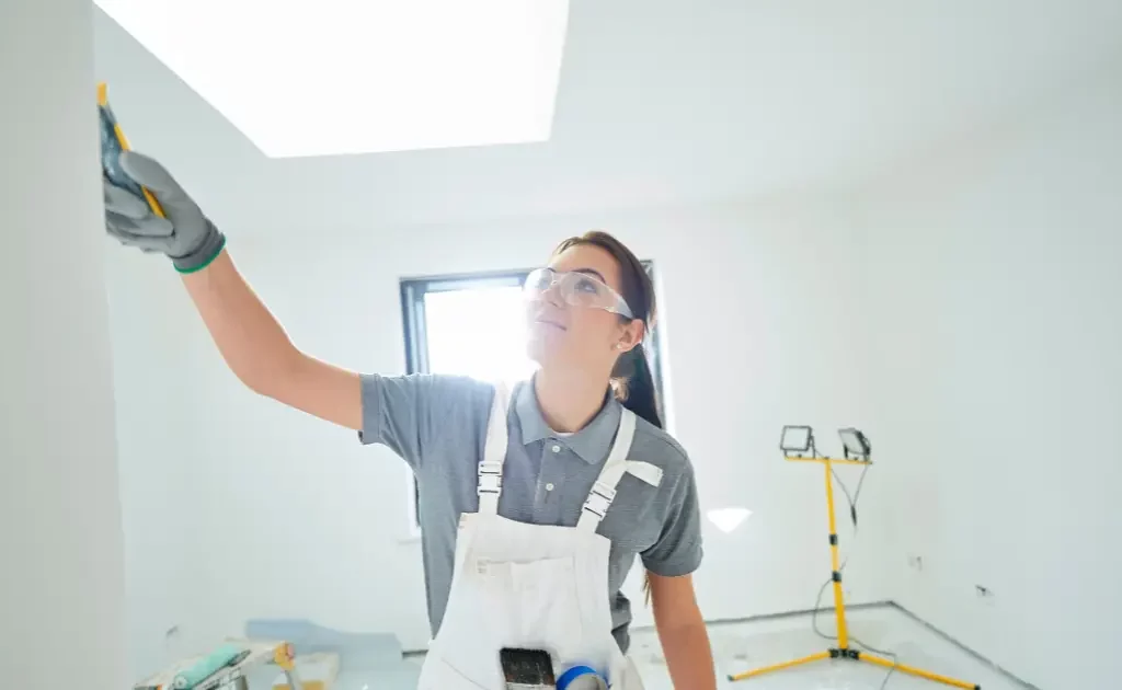 Femme peintre en bâtiment appliquant une peinture murale dans un chantier de rénovation