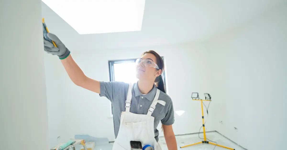 Femme peintre en bâtiment appliquant une peinture murale dans un chantier de rénovation