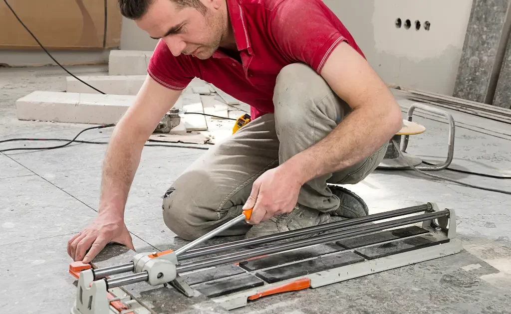 Carreleur professionnel posant du carrelage avec précision et expertise
