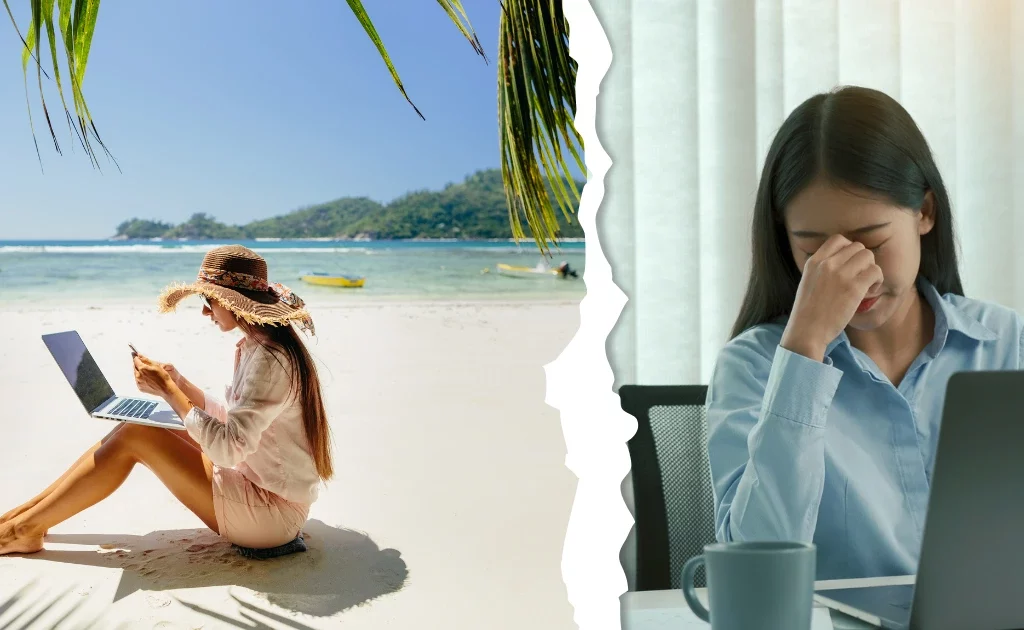 omparaison entre une femme freelance travaillant sur la plage et une salariée stressée au bureau