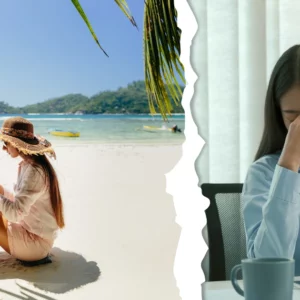 omparaison entre une femme freelance travaillant sur la plage et une salariée stressée au bureau