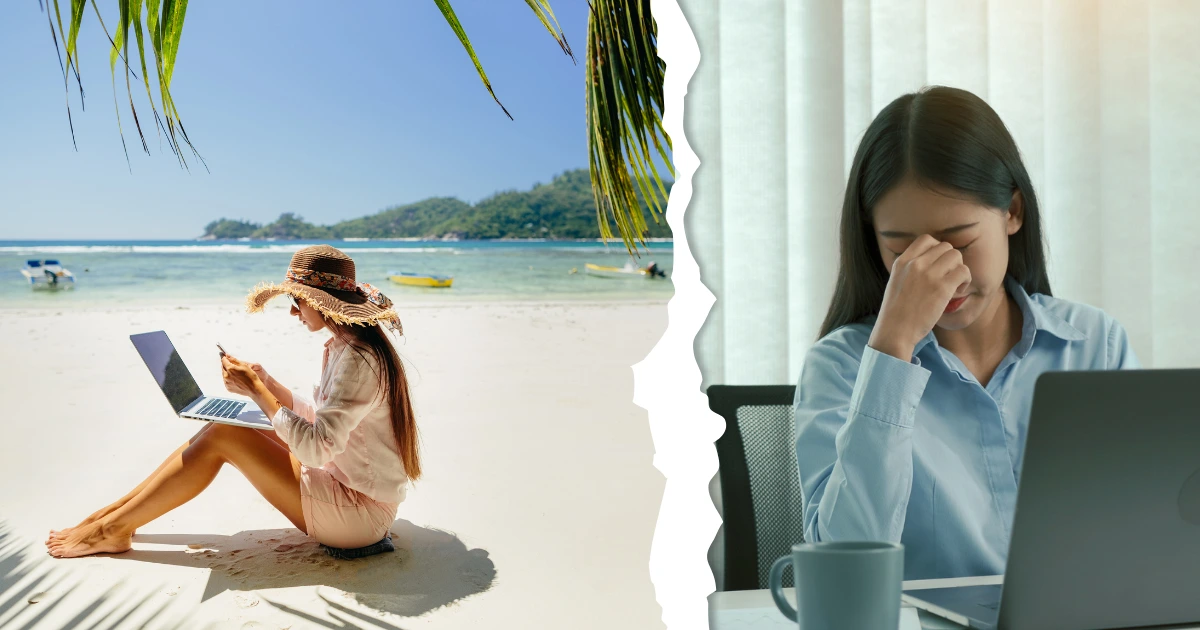 omparaison entre une femme freelance travaillant sur la plage et une salariée stressée au bureau