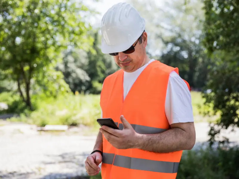 Artisan du bâtiment utilisant un smartphone robuste sur un chantier pour consulter un logiciel de gestion de chantier et optimiser l’organisation du travail.