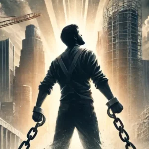 un ouvrier du bâtiment brisant ses chaînes, symbolisant la libération des conditions de travail injustes. En arrière-plan, une ville en construction s'élève sous un ciel orageux, traversé par la lumière du soleil, annonçant une nouvelle ère d’opportunités.