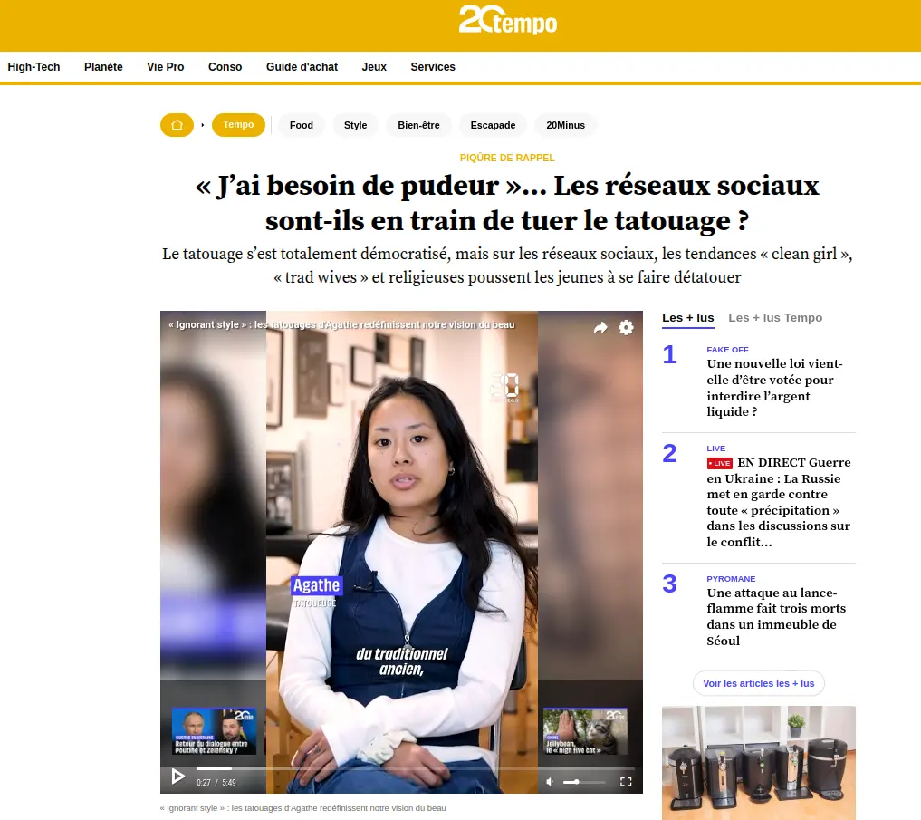 Capture de l’article “Les réseaux sociaux tuent-ils le tatouage ?” publié par 20 Minutes en avril 2025