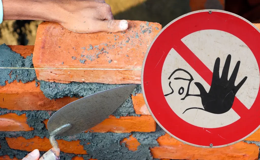 Maçon posant des briques sur un chantier avec un panneau de danger pour illustrer les erreurs de maçonnerie à éviter