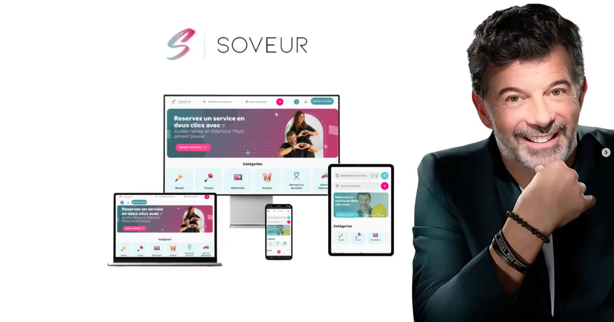 Stéphane Plaza souriant devant l’interface de Soveur affichée sur différents appareils – le nouveau projet Soveur Stéphane Plaza.