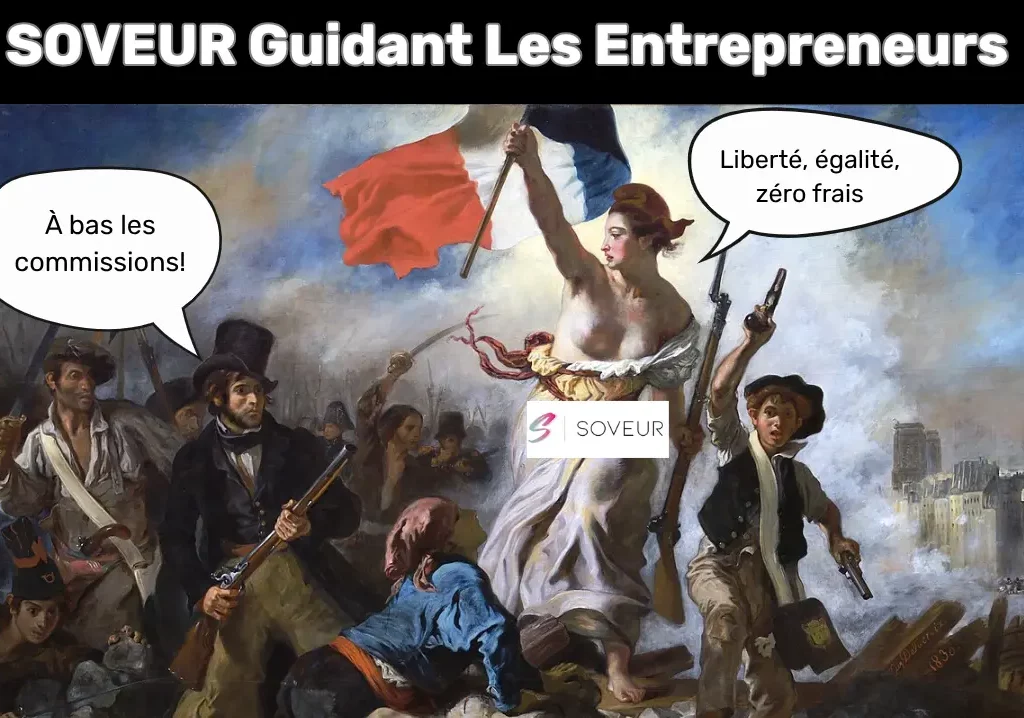 Tableau revisité de La Liberté guidant le peuple avec Soveur — incarnation de la lutte des indépendants contre les plateformes à commission.