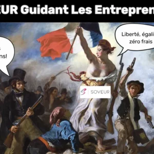 Tableau revisité de La Liberté guidant le peuple avec Soveur — incarnation de la lutte des indépendants contre les plateformes à commission.