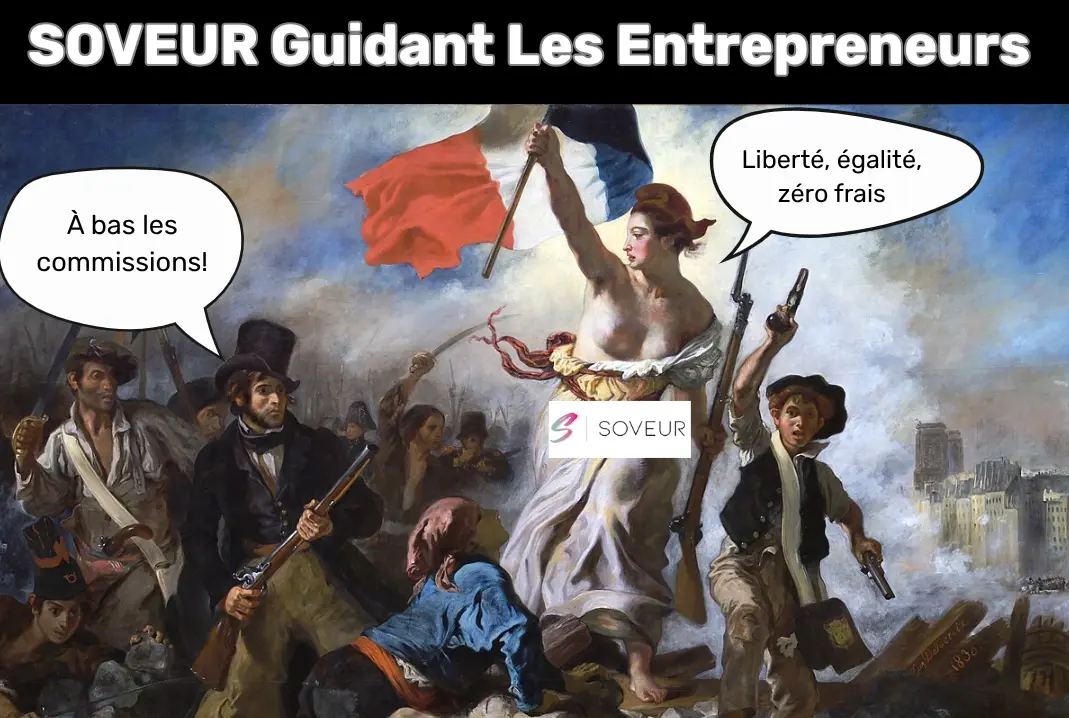 Tableau revisité de La Liberté guidant le peuple avec Soveur — incarnation de la lutte des indépendants contre les plateformes à commission.