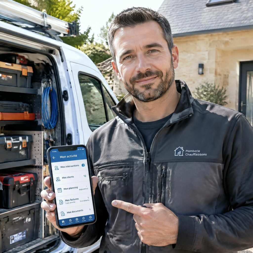 Artisan du bâtiment qualifié utilisant l'application mobile Soveur devant son véhicule d'intervention en 2026
