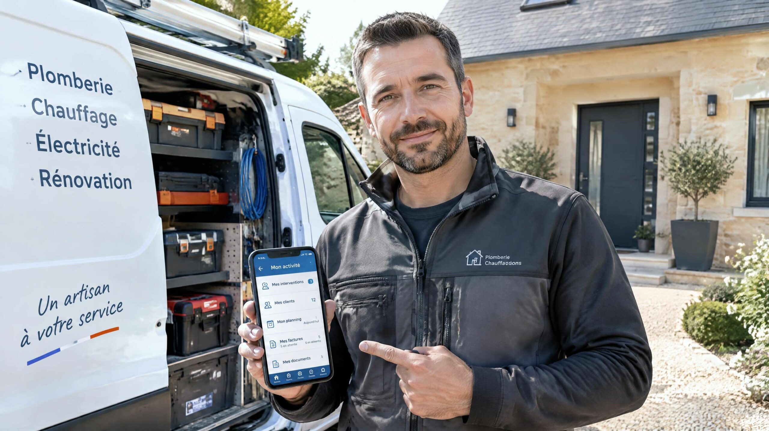 Artisan du bâtiment qualifié utilisant l'application mobile Soveur devant son véhicule d'intervention en 2026