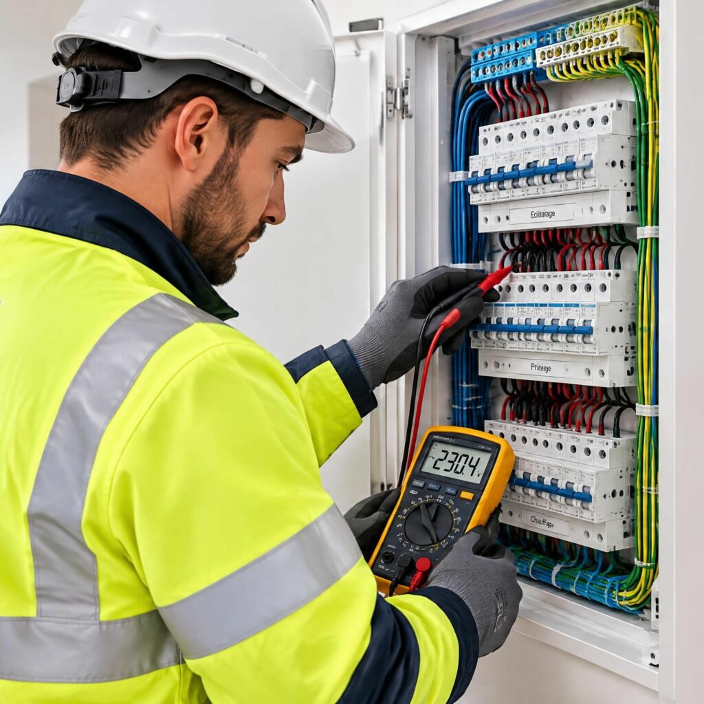 Électricien mesurant la tension et la résistance différentielle sur un tableau électrique divisionnaire moderne