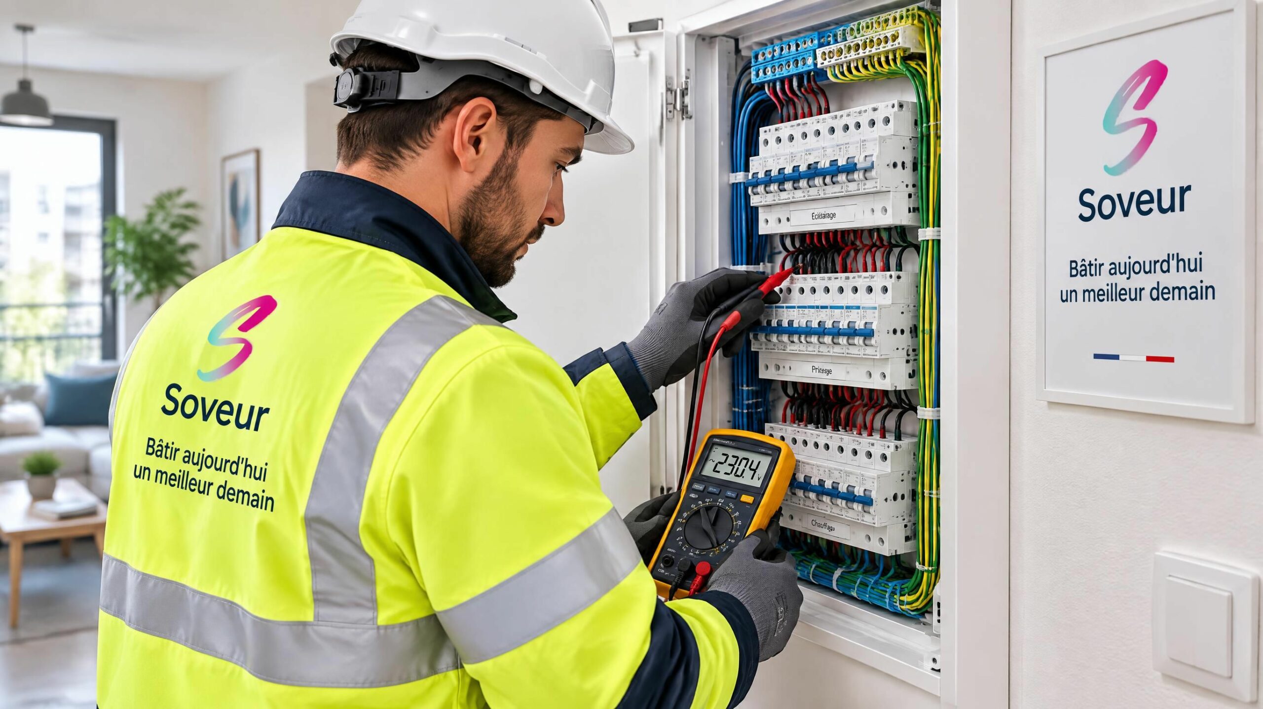Électricien mesurant la tension et la résistance différentielle sur un tableau électrique divisionnaire moderne