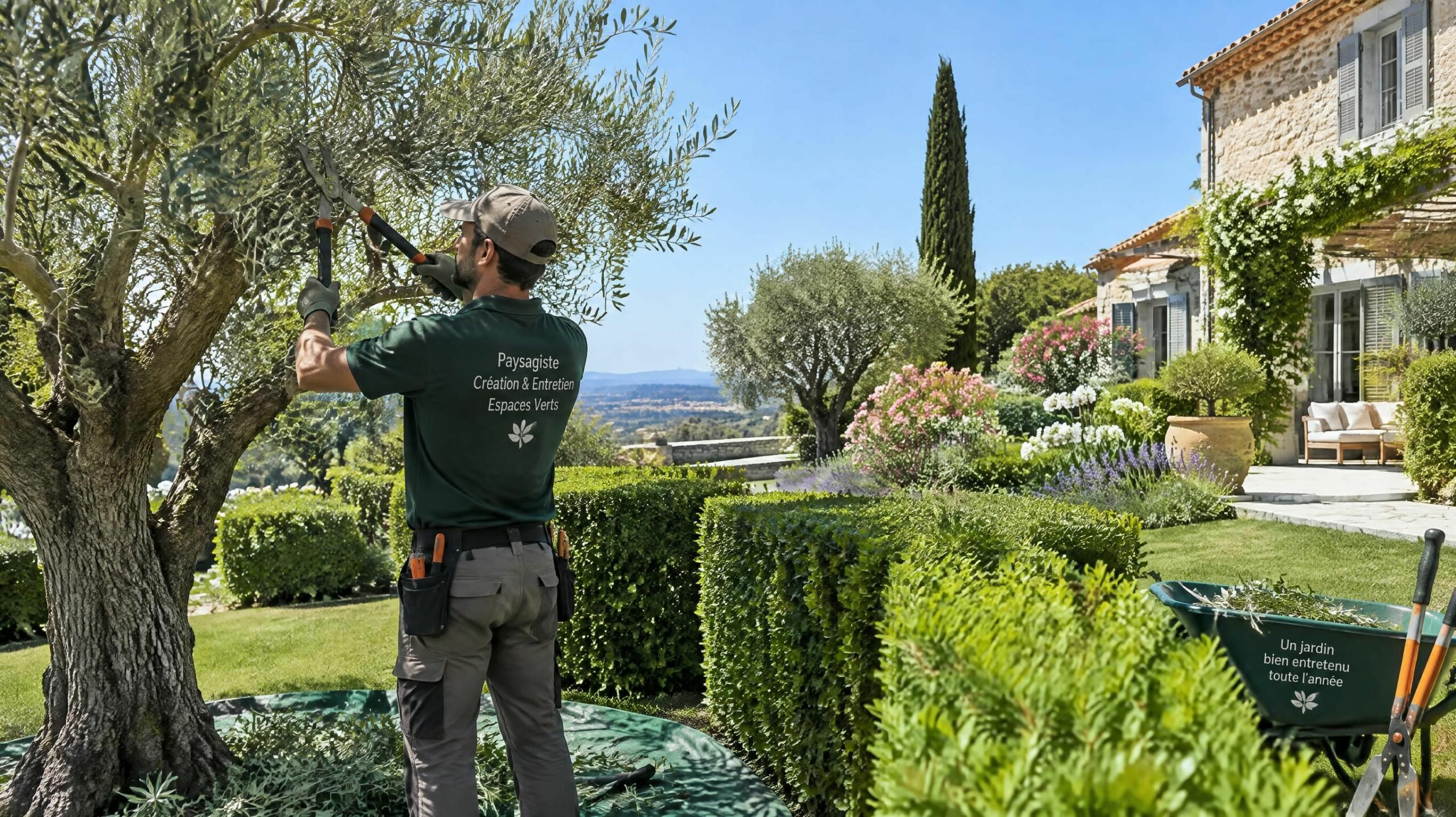 Artisan jardinier paysagiste en intervention d'entretien et d'élagage dans un jardin méditerranéen à Saint-Gély-du-Fesc près de Montpellier