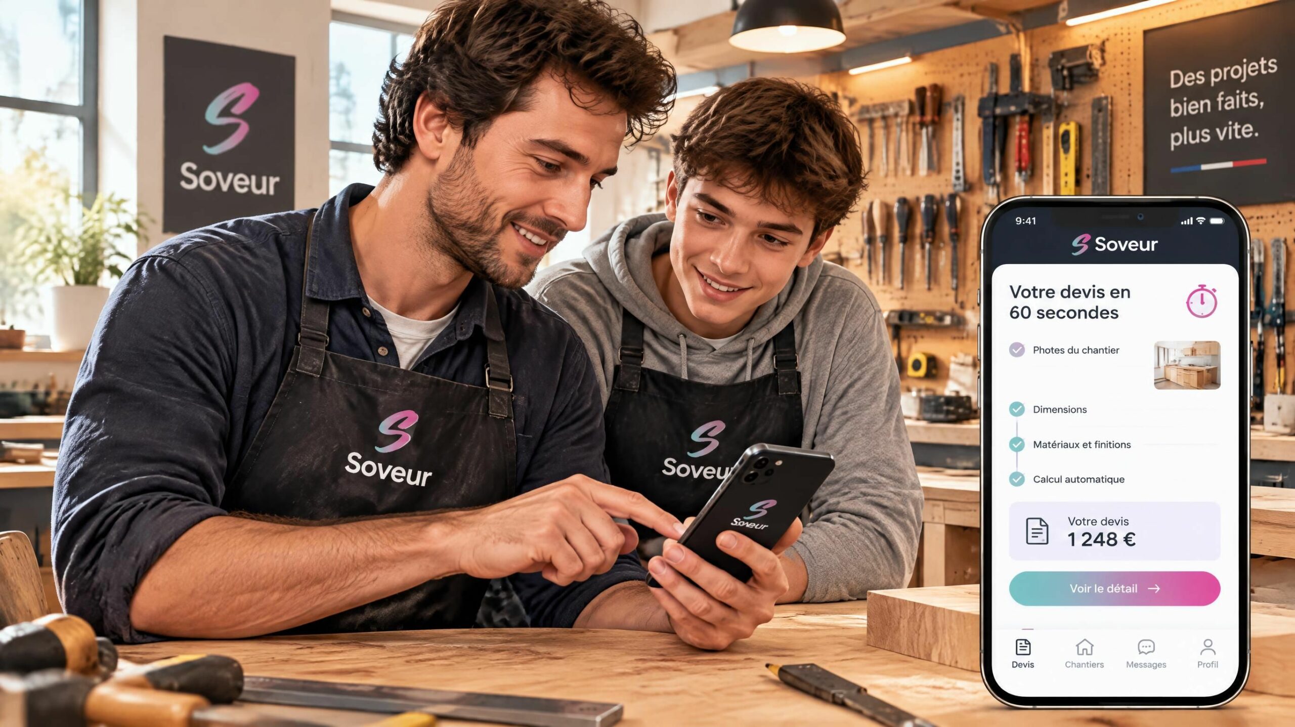 Artisan qualifié et son apprenti en atelier préparant un devis express en 60 secondes avec l'application Soveur
