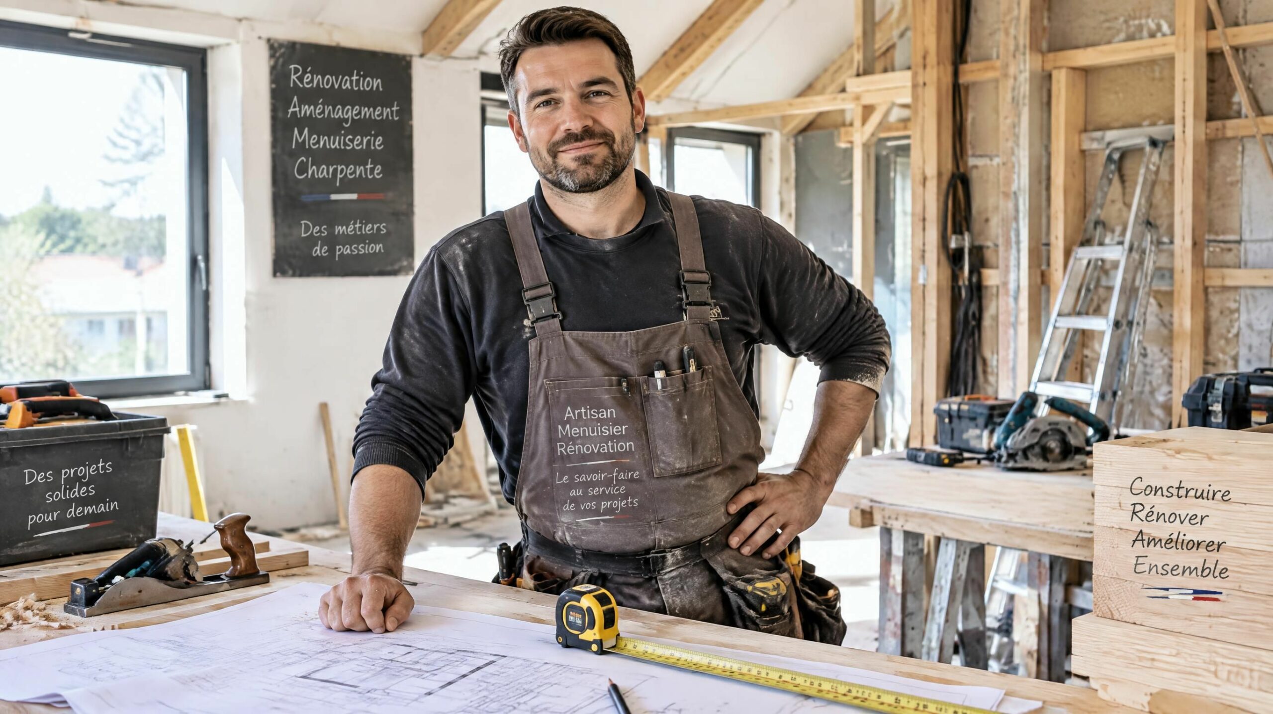 Artisan qualifié en aménagement intérieur et menuiserie sur un chantier de rénovation en 2026