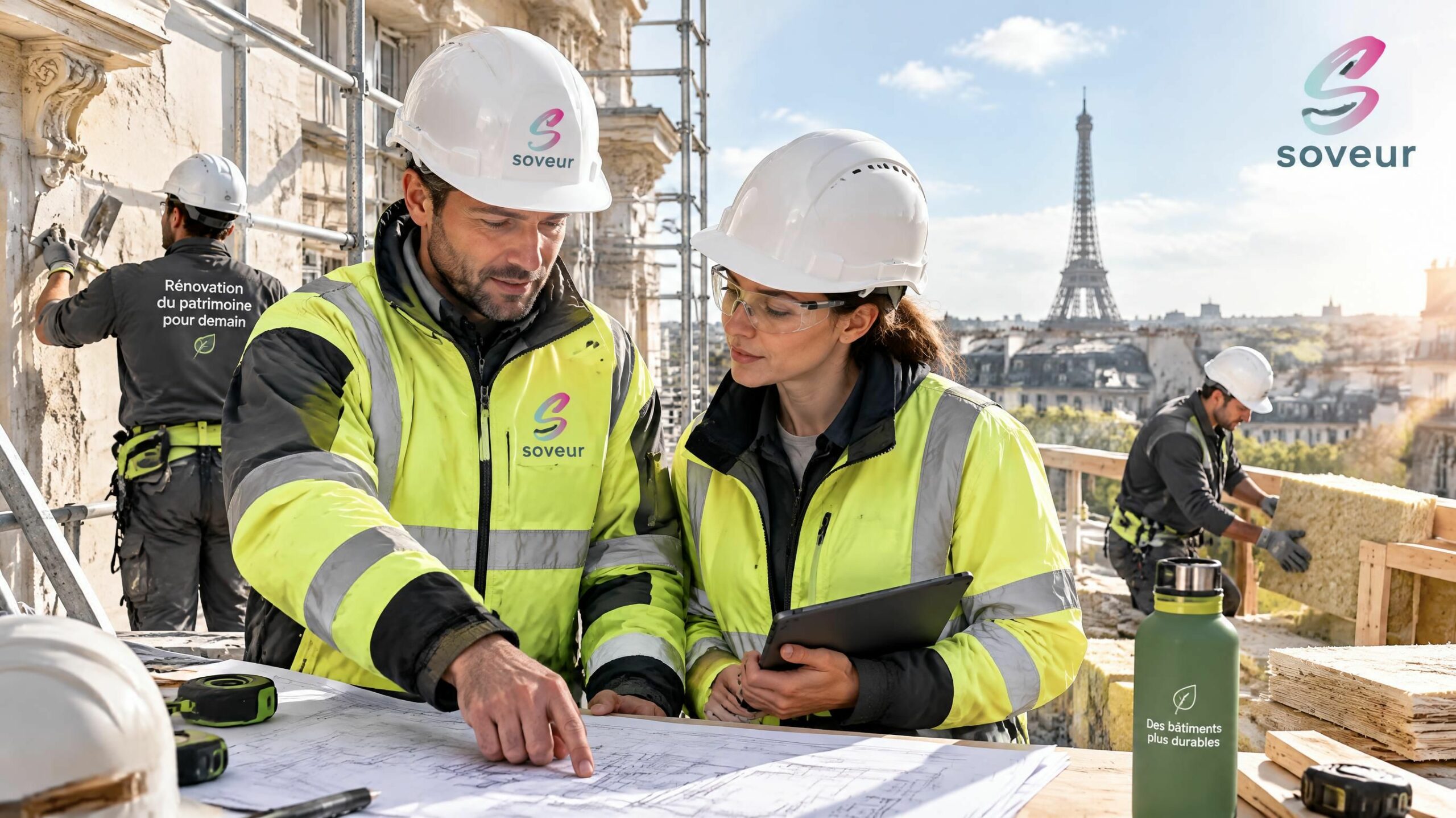Artisans du bâtiment en France sur un chantier de rénovation écologique avec la solution Soveur sans commission