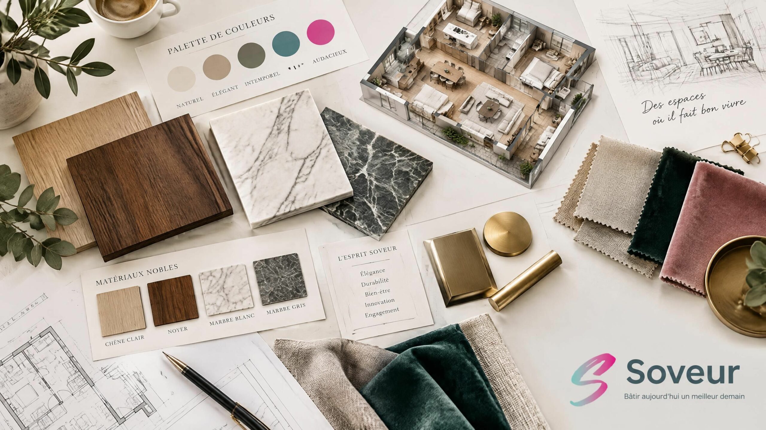 Planche de tendances, échantillons de matières nobles et plans d'agencement architectural Atelier Hemara Design avec logo officiel Soveur