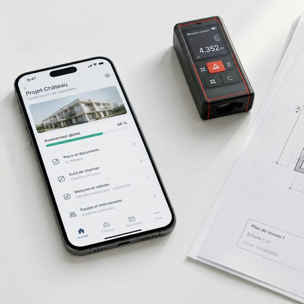 Smartphone posé sur plans d’architecte illustrant la gestion mobile des devis et de l’encaissement BTP en conformité 2026