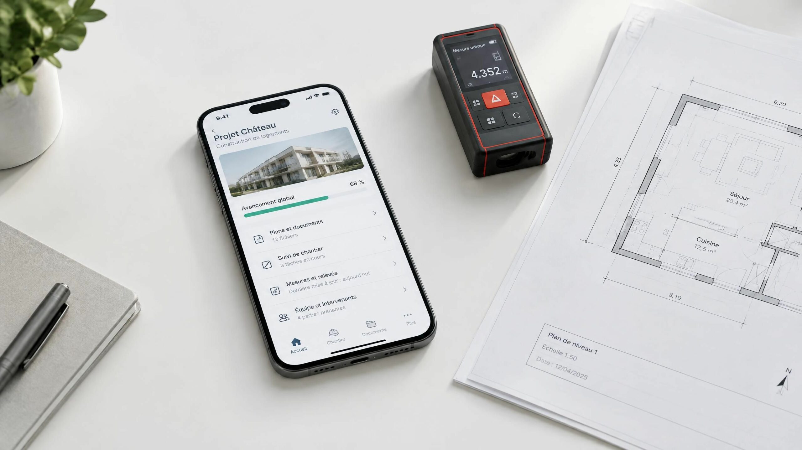 Smartphone posé sur plans d’architecte illustrant la gestion mobile des devis et de l’encaissement BTP en conformité 2026