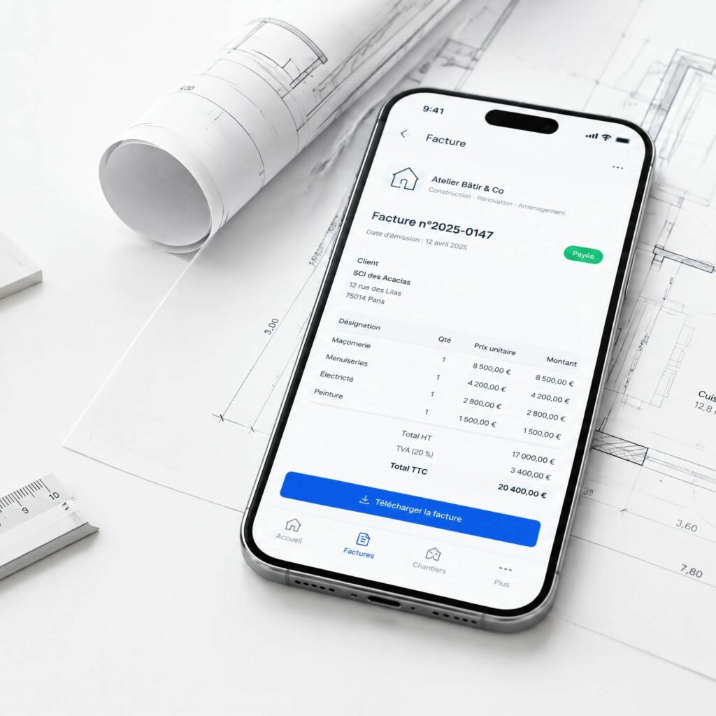 Bureau d’architecte épuré avec smartphone affichant la gestion numérique des devis et de la trésorerie pour artisans du bâtiment
