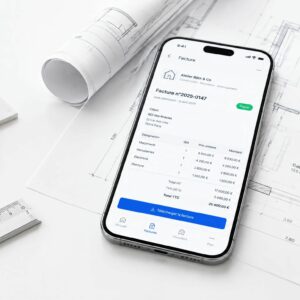 Bureau d’architecte épuré avec smartphone affichant la gestion numérique des devis et de la trésorerie pour artisans du bâtiment