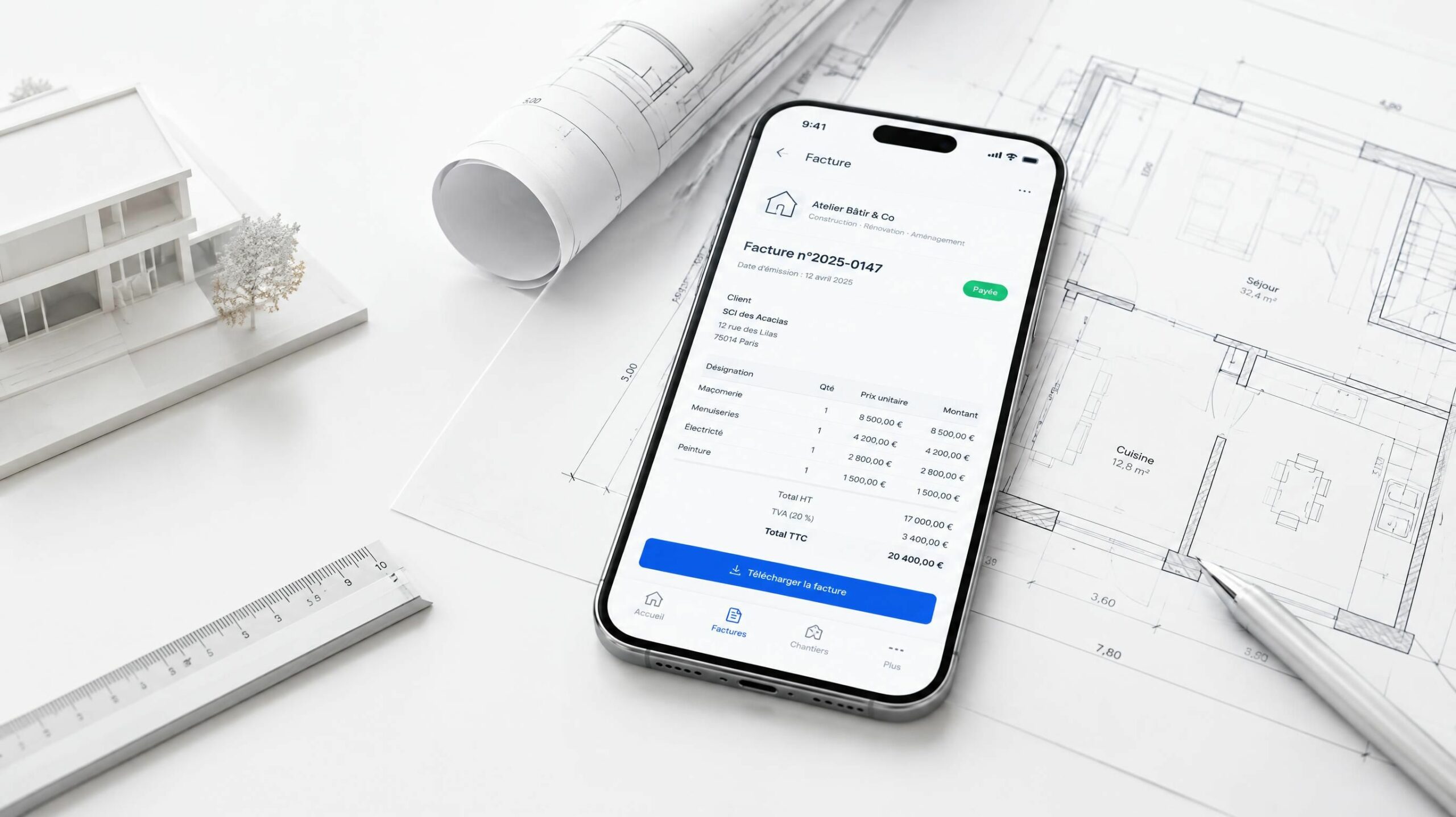 Bureau d’architecte épuré avec smartphone affichant la gestion numérique des devis et de la trésorerie pour artisans du bâtiment