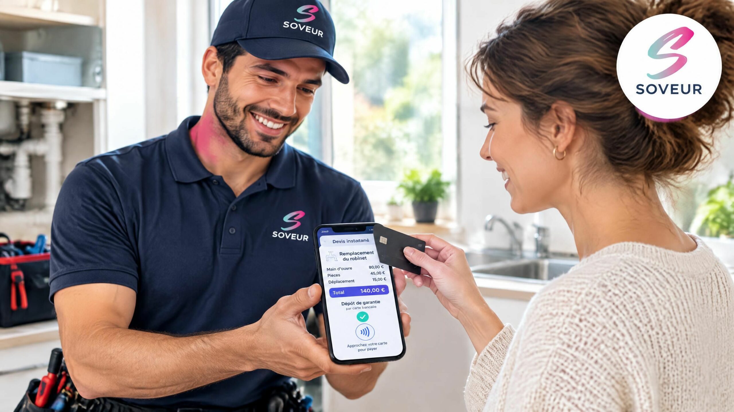 Artisan plombier réalisant un devis en 60s et paiement Tap to Pay avec logo officiel Soveur