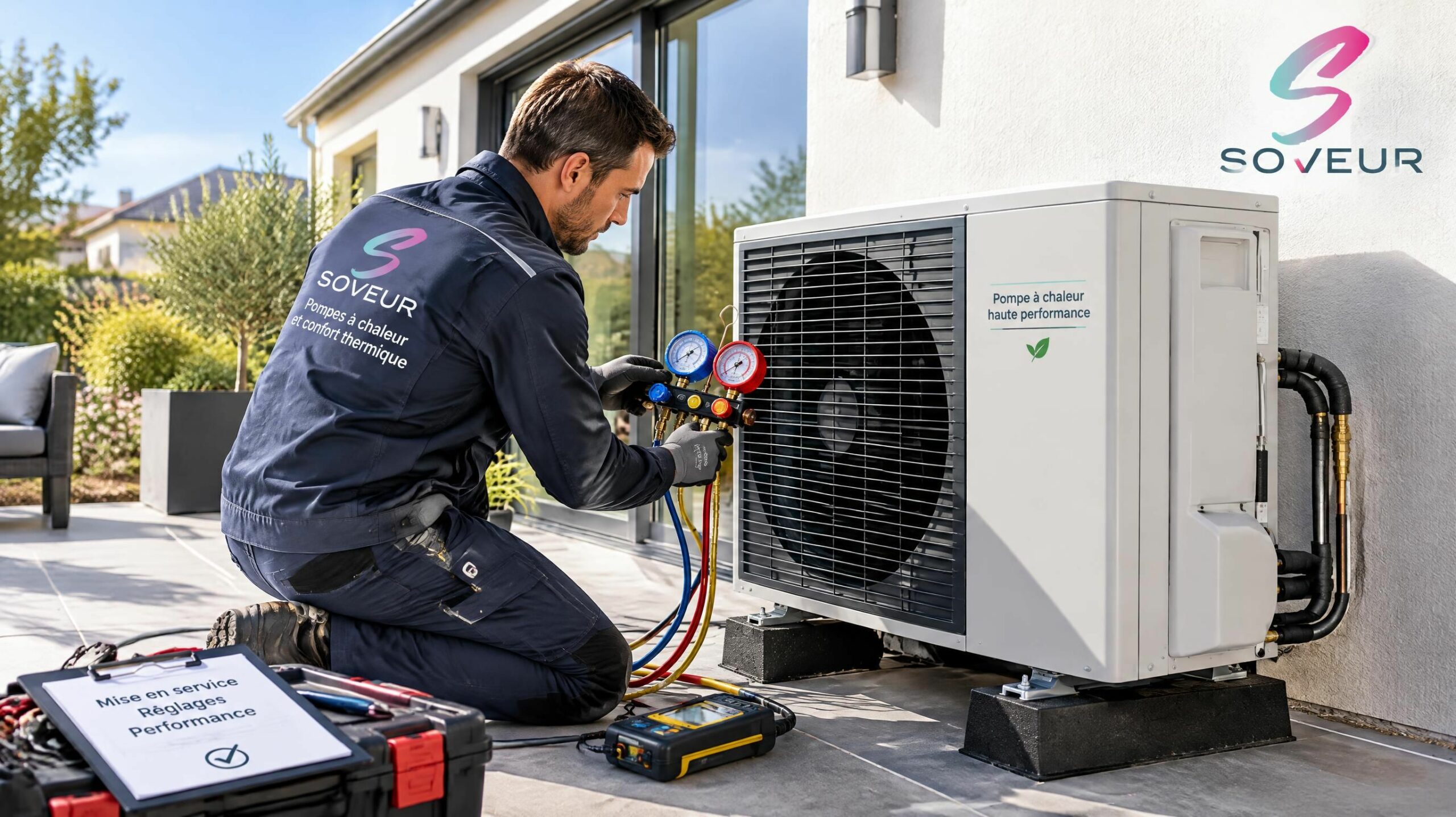 Artisan chauffagiste certifié RGE installant une pompe à chaleur avec logo officiel Soveur