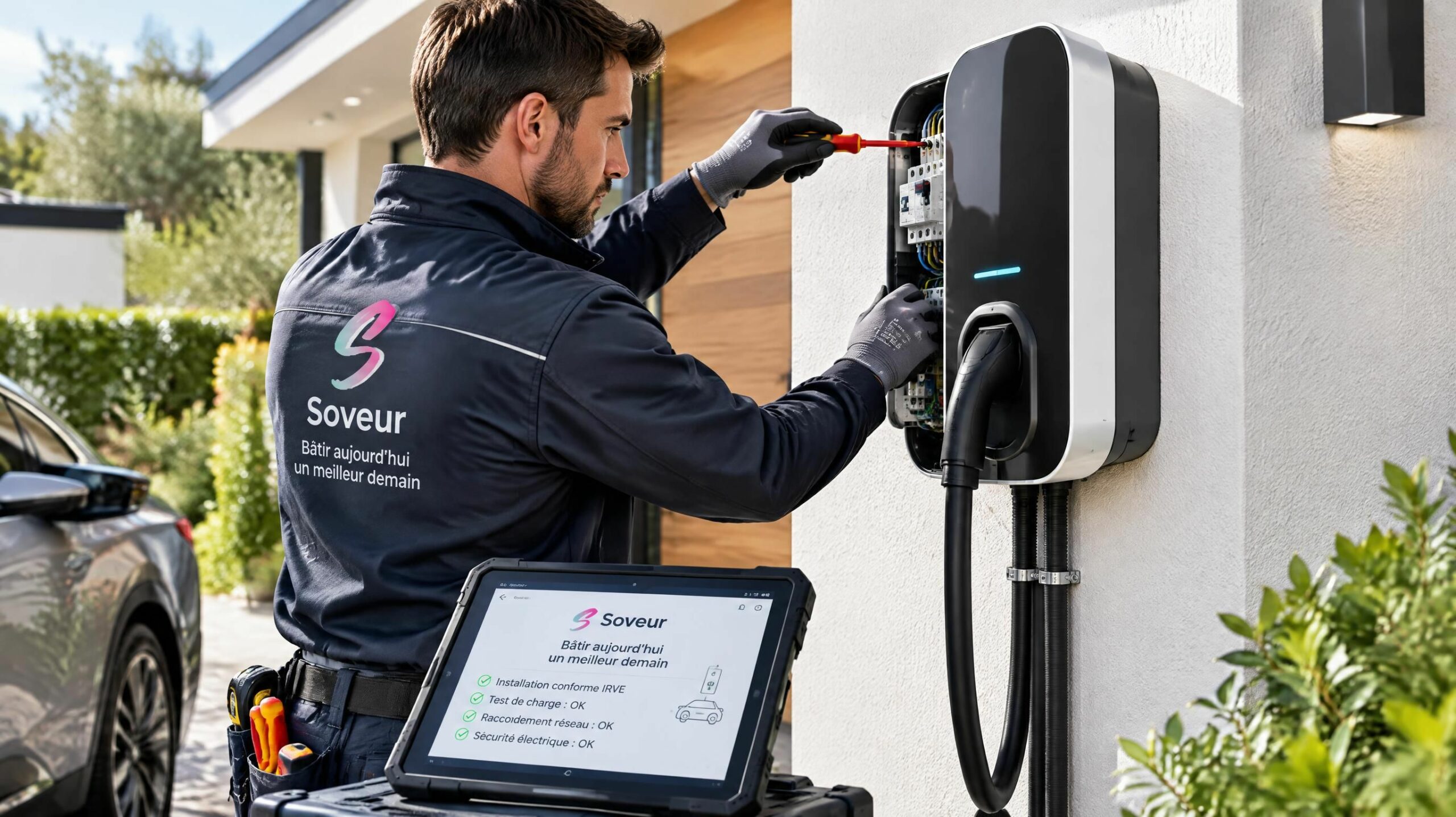 Installation d une borne de recharge de véhicule électrique 7.4 kW par un électricien qualifié IRVE en maison individuelle