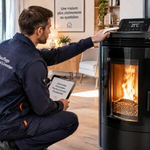 Artisan chauffagiste Peltipro intervenant sur un poêle à granulés moderne à La Geneytouse près de Limoges