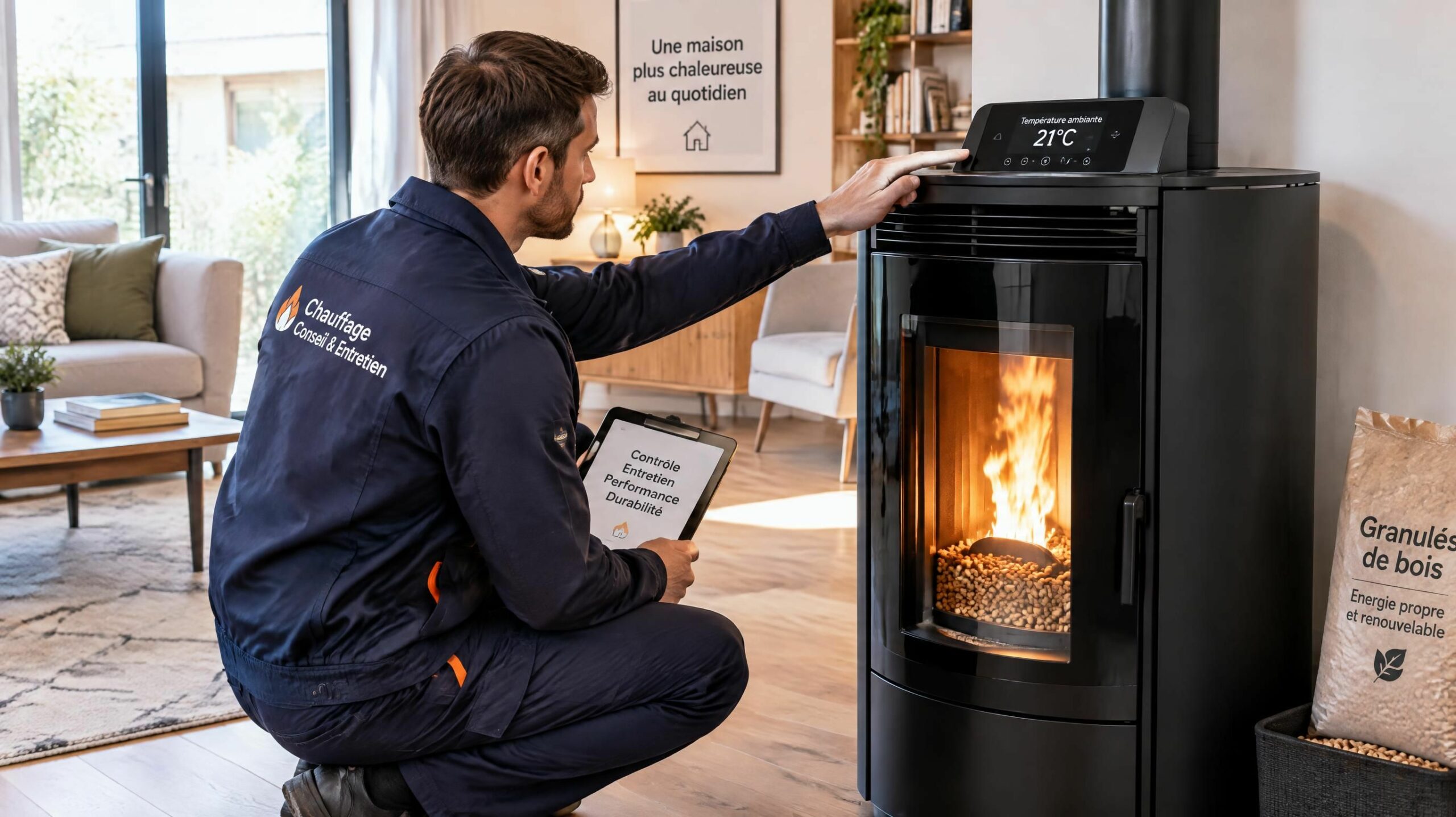 Artisan chauffagiste Peltipro intervenant sur un poêle à granulés moderne à La Geneytouse près de Limoges