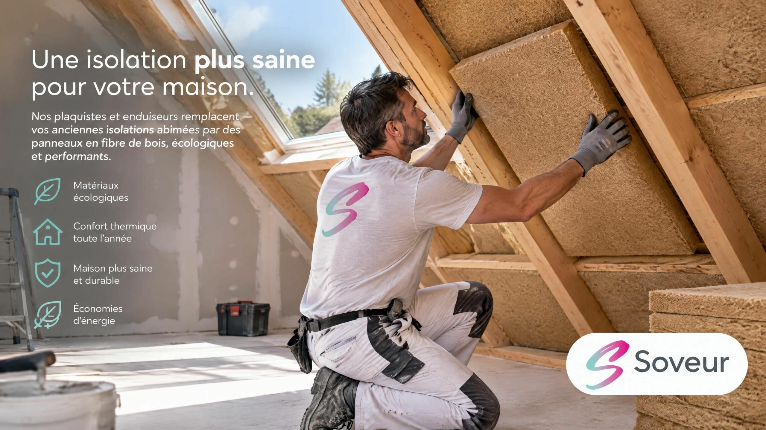 Pose d'isolation biosourcée en fibre de bois à fort déphasage thermique en combles par un artisan Soveur