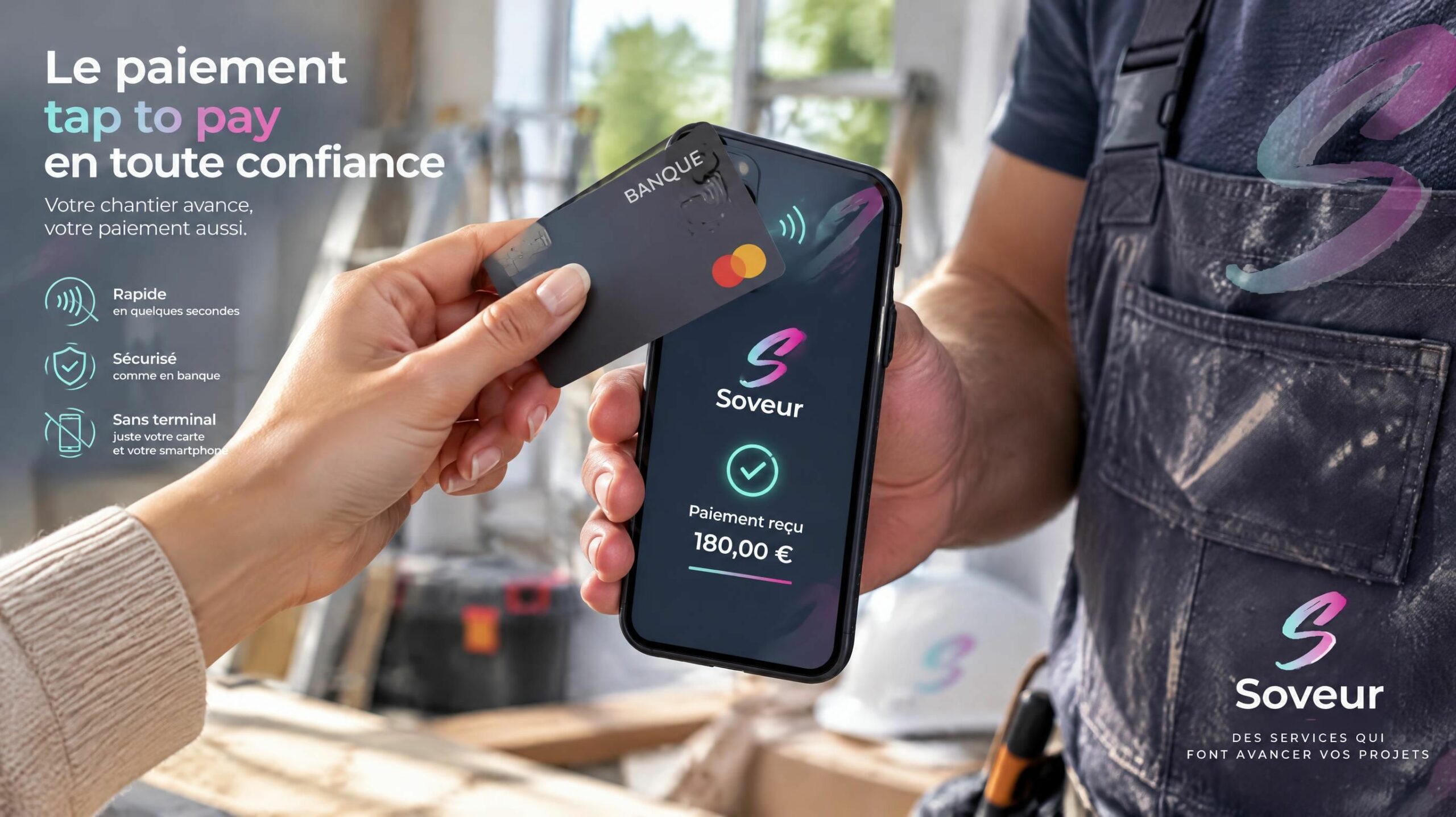 Encaissement immédiat de l'acompte en Tap to Pay sur smartphone sans boîtier TPE bancaire par une artisane du bâtiment