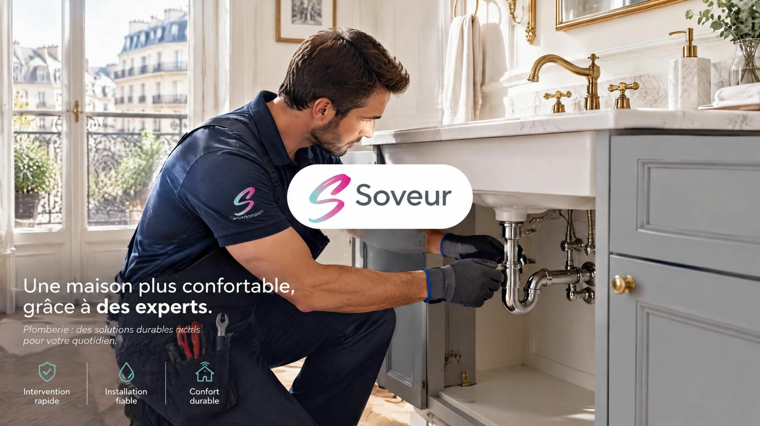 Artisan plombier chauffagiste Multi-Maitre en intervention à Paris 12e avec badge Soveur