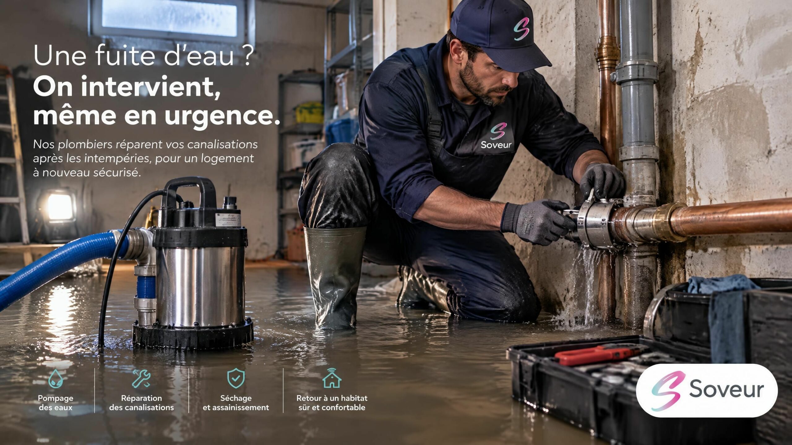 Artisan plombier Soveur réalisant le pompage d'urgence d'un sous-sol inondé suite à de fortes pluies