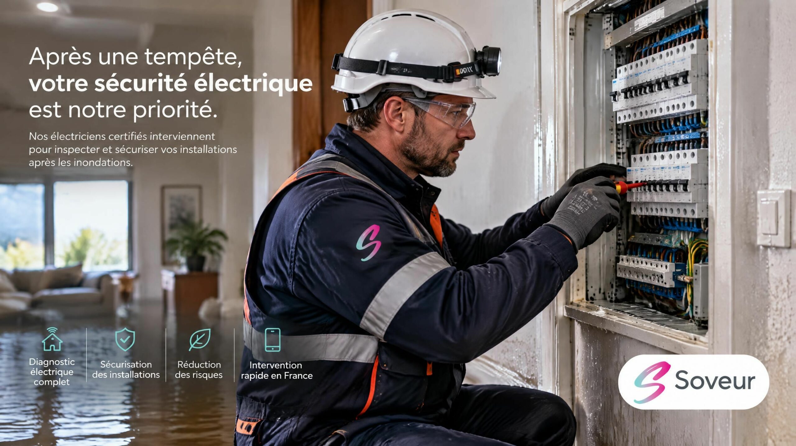 Électricien qualifié sécurisant un tableau électrique après inondation selon la norme NF C 15-100