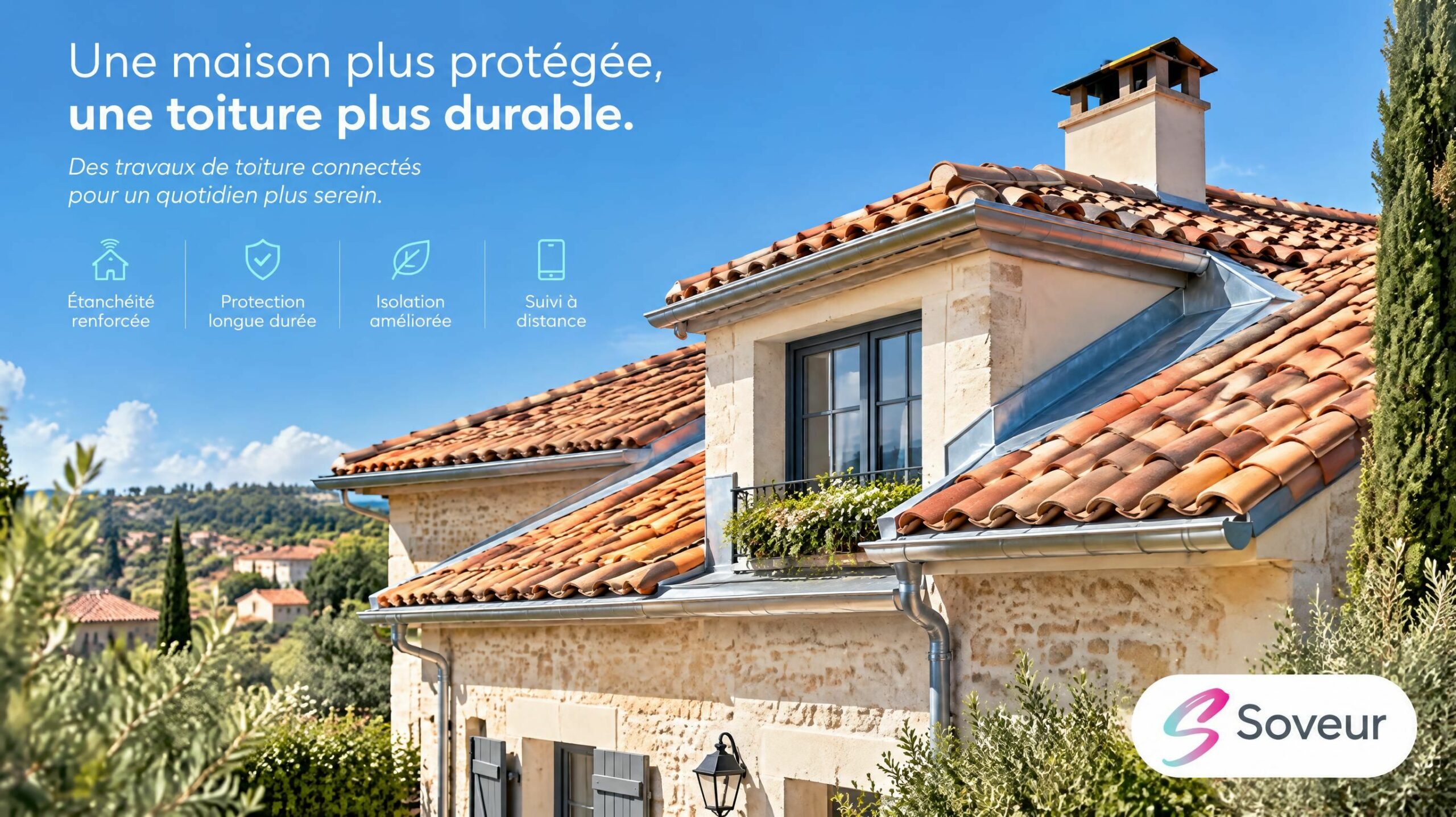 Toiture réhabilitée durablement avec tuiles en terre cuite neuves et abergements en zinc façonnés