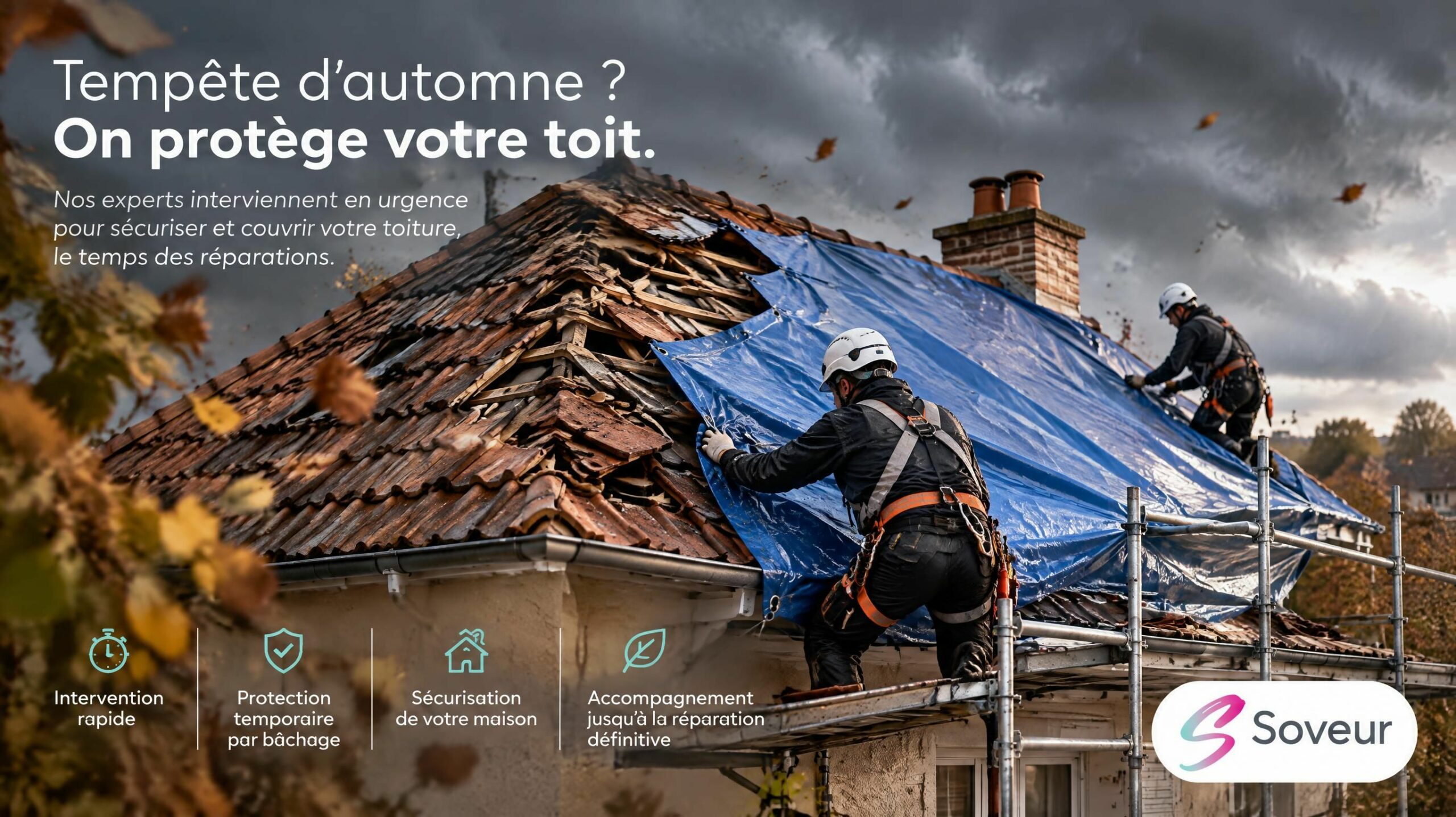 Toiture endommagée par la tempête avec intervention urgente de bâchage sous tension certifiée Soveur